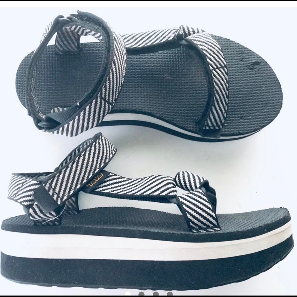 black and white striped Teva Universal flatform sandals